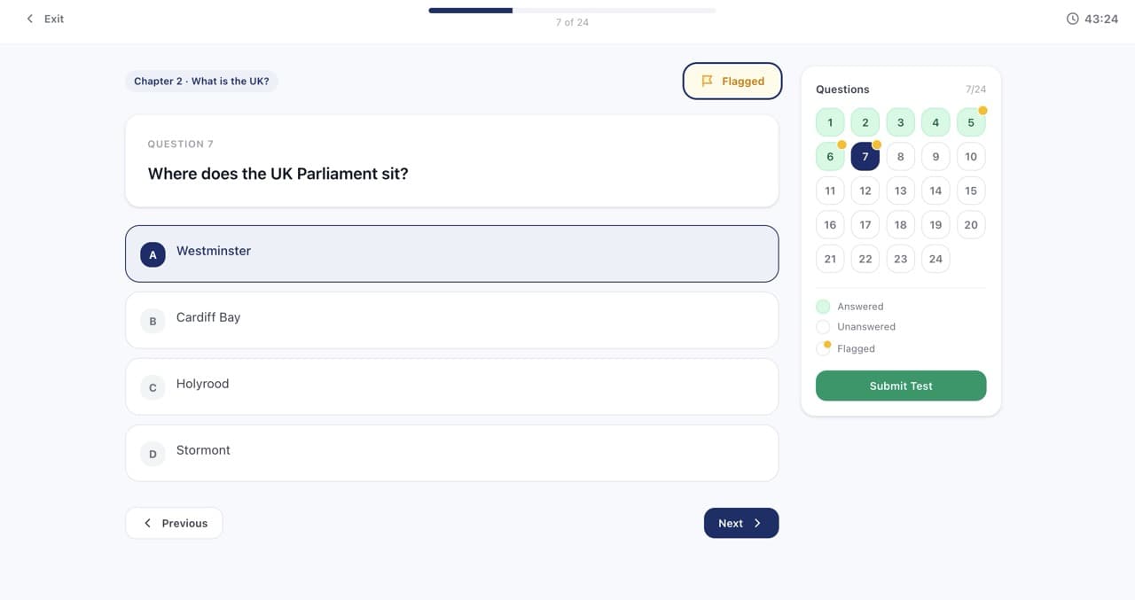 Life in the UK practice test screen showing multiple choice questions