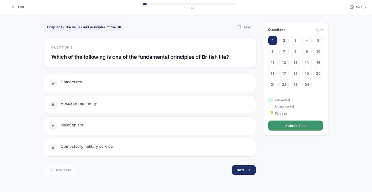 Life in the UK mock exam practice test interface